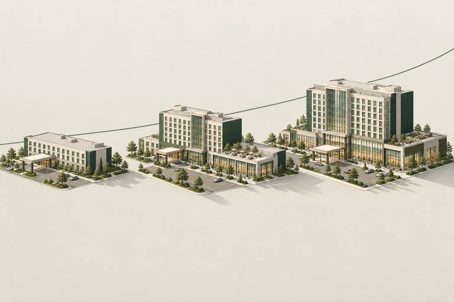 Conceptual illustration of growth from a small multistory hotel to larger hospitality and commercial developments